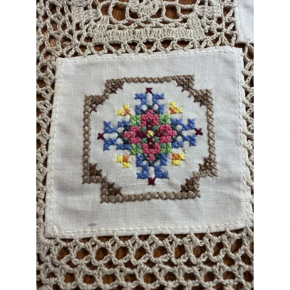 Vtg Hand Cross Stitch Embroidery Crochet Lace Patch Cotton Beige Topper 12x17